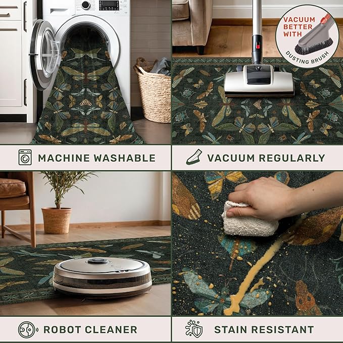 6x8 Dark Green Washable Dining Room Rug - Vintage Area Rug for Living Room, Bedroom Under Bed Low Pile & Soft, Insect Moth Floral Non Slip Low Pile Floor Carpet