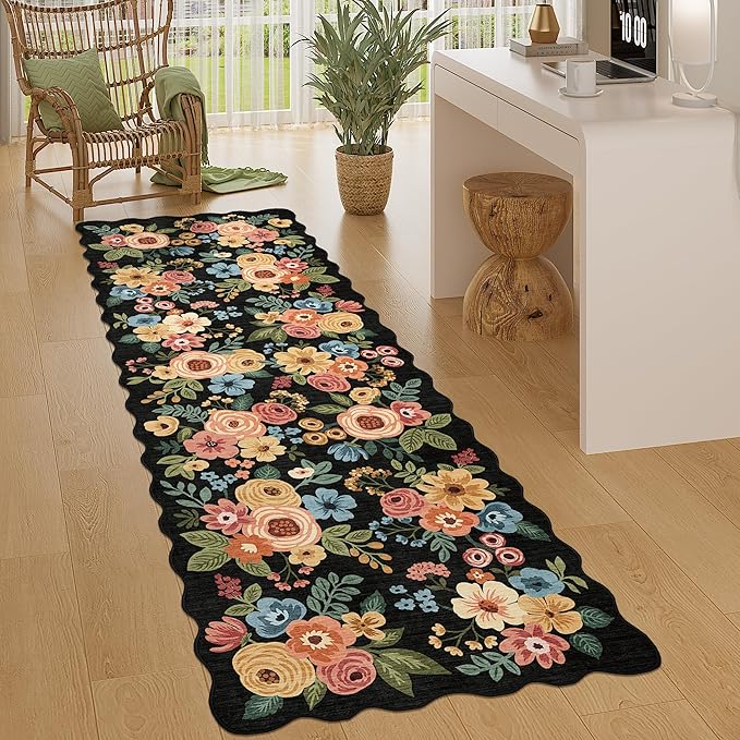 DUKINO 2x6 Runner Rug for Hallway, Washable Kitchen Rug with Non Slip Backing & Non-Shediing, Soft Low Pile Floral Design Runner for Bedroom, Kithchen, Living Room, Laundry, Bathroom, Black