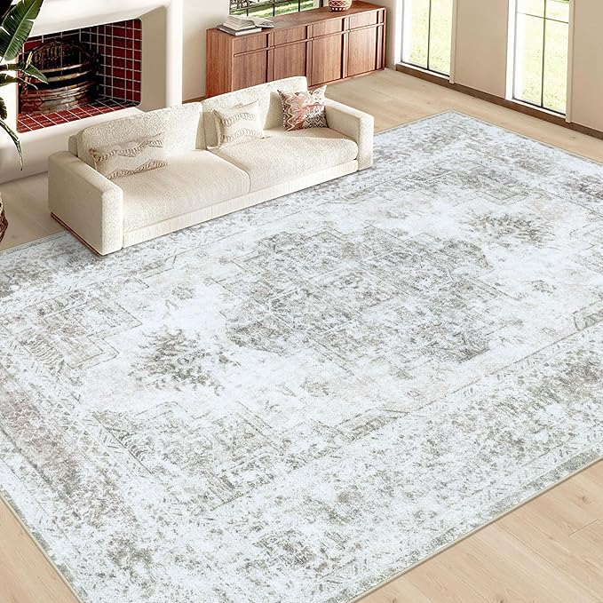 Area Rug 10x14 Living Room Rugs, Machine Washable Vintage Distressed Medallion Rug Non-Slip Soft Low Pile Large Indoor Rugs for Bedroom Kitchen Dining Room Office(Taupe,10'x14')