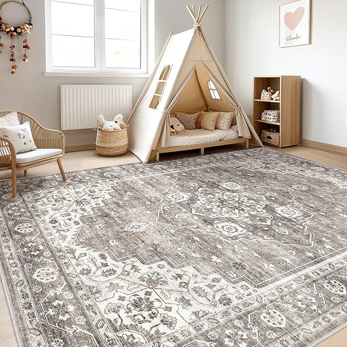 7x9 Area Rug Living Room: Washable Boho Large Neutral Vintage Soft Rugs Stain Resistant Farmhouse Non-Slip Indoor Rustic Floor Carpet for Bedroom Nursery Kids Playroom Office Dining Room- Dark Brown