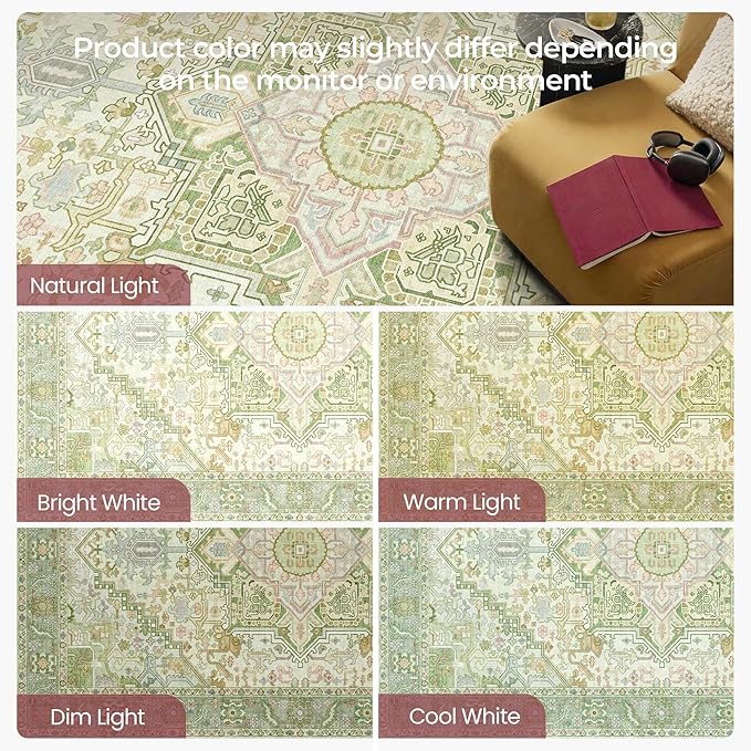 Kokia 9x12 Washable Sage Green Area Rugs with Vintage Orient Design, Soft Rug for Living Room or Bedroom, Non-Slip Low Pile Stain Resistance Features, Distressed Medallion Pattern
