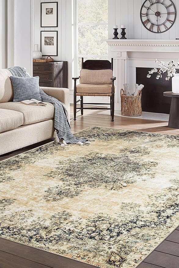 Keen Home Design 6x9 Rug - Machine Washable Area Rug with Non-Slip Backing, Ideal for Living Room, Dining Room, Bedroom - Vintage, Easy Clean, Durable, Low Pile - (6' x 9')