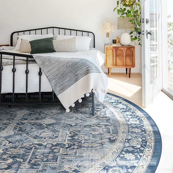 RUGGABLE Washable Vintage Area Rug – Kamran Admiral Blue 8 ft Round, Stain-Resistant, Non-Slip – Large Machine Washable Rugs for Living Room, Bedroom, Hallway, Entryway & Office–with Standard Pad