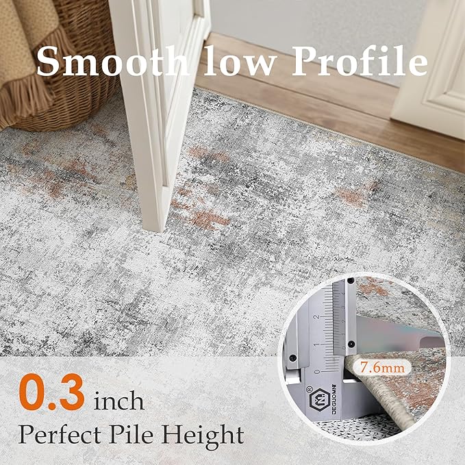 8x10 Washable Area Rug Grey Rust Abstract Living Room Bedroom Carpet Neutral Modern Non-Slip Soft Low Pile Lightweight Vacuumable Large Throw Rug for Dining Room