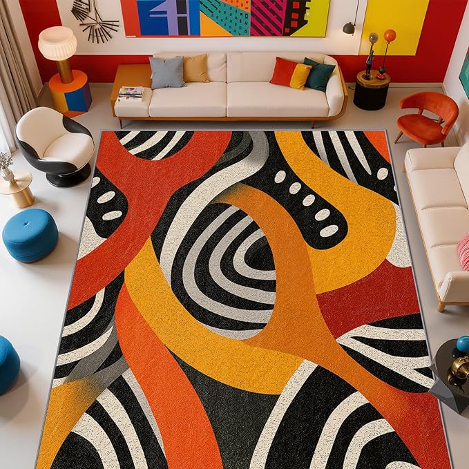 Hippie Rug - 4x6 Rug, Pop Art Colorful Abstract Area Rugs, Retro Aesthetic Funky Low Pile Stain Resistant Floor Carpets House Decor #C096