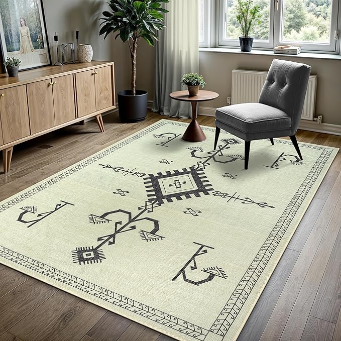 GLN Rugs Contemporary Collection - Machine Washable Area Rug, Contemporary Washable, Non Slip, Low Pile Chenille Rug, Living Room, Bedroom, Kitchen Rug (9' x 12' Cream/Anthracite)