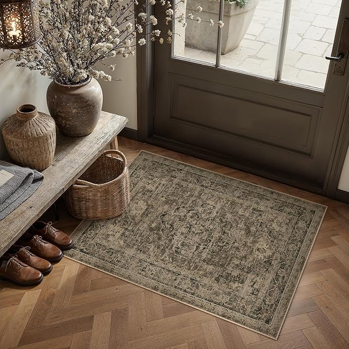 Entryway Area Rug 2x3 Brown Vintage Distressed Indoor Carpet Oriental Soft Thin Small Door Mat Non Slip Low Pile Throw Rug for Entrance Bathroom Bedroom Kitchen Laundry