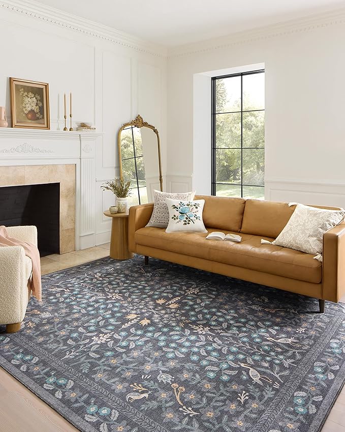Loloi Rifle Paper Co. Maison Collection MAO-01 Nightingale Black 3'-0" x 3'-0" Round, .19" Pile Height, Accent Rug