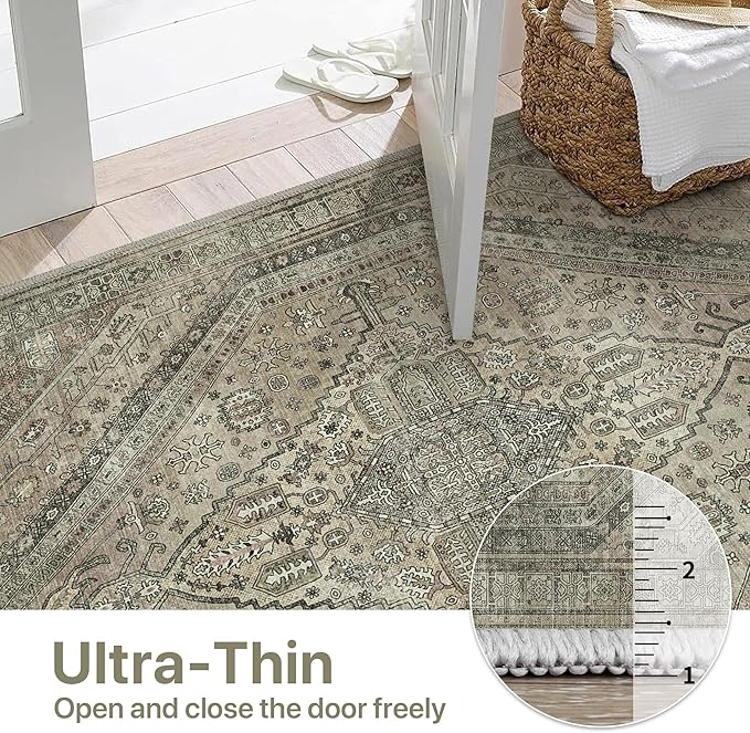 Bavni Washable Rug 8x10 Area Rug for Living Room Bedroom Dining, Washable Vintage Print Carpet, Ultra-Thin Chenille Low Pile Lightweight Rug with Non Slip Backing, Tan