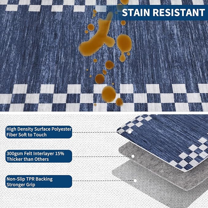 GarveeHome Washable Rug 5x7 for Living Room Large Bedroom Scalloped Rug Non Slip Stain Resistant Modern Border Throw Carpet Soft Boho Rug for Dining Room Nursery Home Office, Blue
