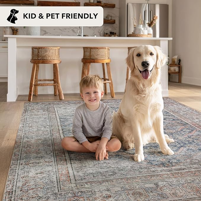 Kuden 4x6 Area Rug, Machine Washable Area Rug with Non-Slip Backing, Vintage Style, Soft, Easy Clean, Low Pile Rug for Living Room, Bedroom, Dining Room