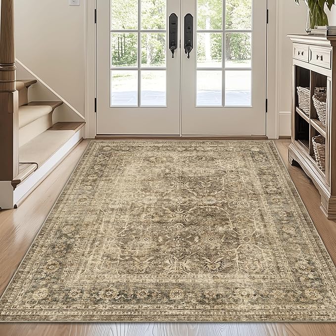 FMFUNCTEX 4x6 Washable Area Rug Neutral Vintage Brown Non Slip Low Pile Traditional Indoor Carpet for Entryway Living Room Bedroom Soft Retro Floral Mat Throw Rug for Dining Office Kitchen Entryway