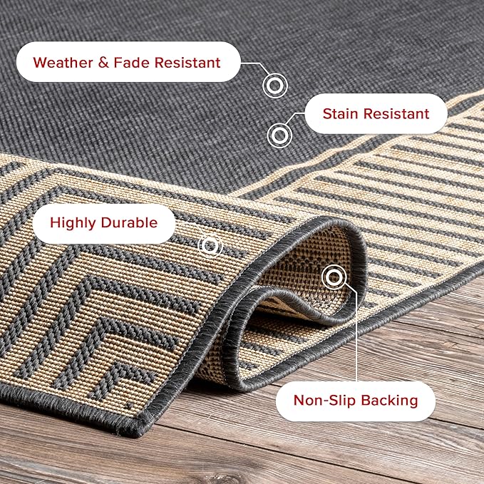 Nuloom Asha Dark Grey/Ivory, 4' x 6', Casual, Striped Border, Soft and Cozy, High Traffic, Stain Resistant, Easy Clean, Durable Area Rug for Indoor/Outdoor Patio, Deck, Porch, Garden, Courtyard