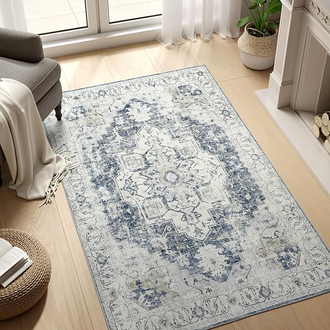jinchan Kelda Area Rug 3x5 Washable Entryway Rug Vintage Soft Indoor Floor Cover Retro Distressed Mat Accent Lightweight Non-Slip Thin Carpet for Kitchen Bathroom Living Room Bedroom Grey