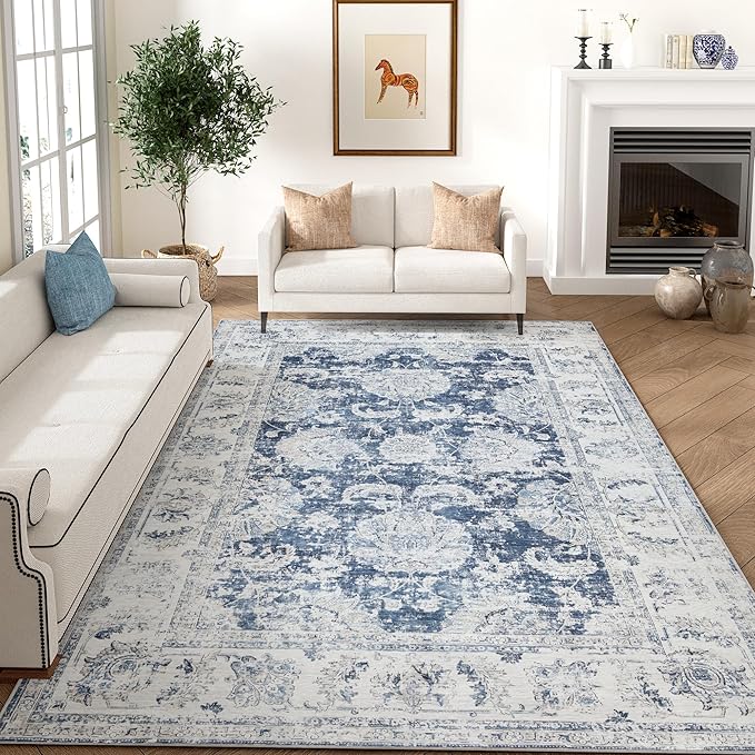 jinchan Fiora 6x9 Area Rug for Living Room Washable Soft Throw Rug Ultra-Thin Stain Resistant Non-Slip Distressed Vintage Floral Large Carpet for Bedroom, Home Office, Nursery(6x9ft, Dark Blue)