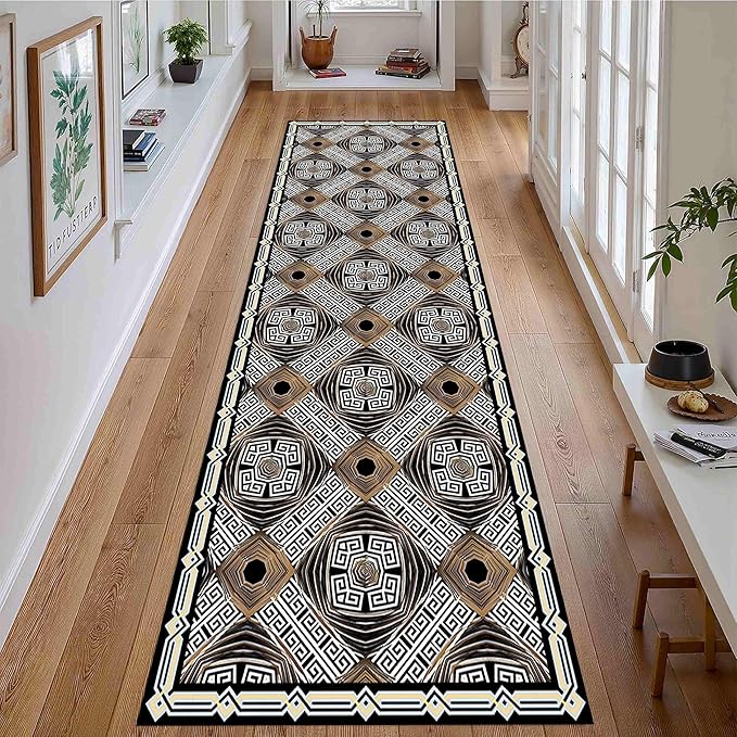 Classic Geometric Runner Rug, 2x8ft, Greek Key Print Runners Rugs, Vintage Moroccan Checkered Carpet, Cozy Short Pile No Crease Farmhouse Rugs for Living Room Laundry