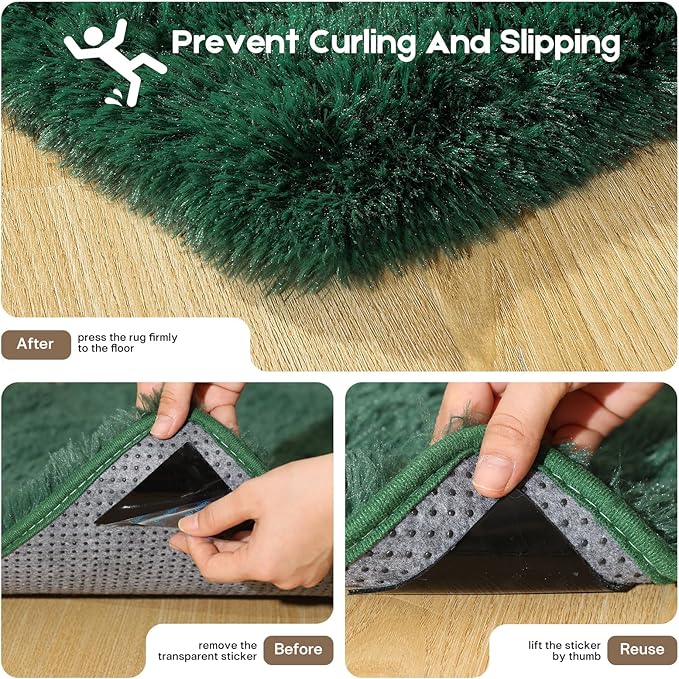 4x6 Dark Green Rugs for Bedroom Living Room, Fluffy Small Area Rug Soft Shag Carpet for Kids Boys and Girls Room with 4 Rugs Non-Slip Stickers Dorm Home Decor (4ft x 6ft)