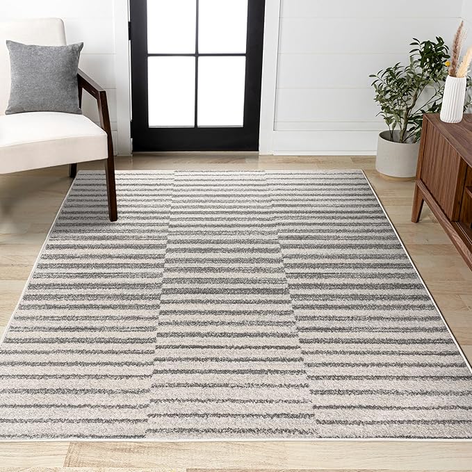 JONATHAN Y Lyla Offset Stripe Gray/Cream Indoor Area Rug, 8x10, Contemporary, Modern, Easy-Cleaning for Living Room, Bedroom, Kitchen, Pet Friendly, Non-Shedding (MOH204A-8)