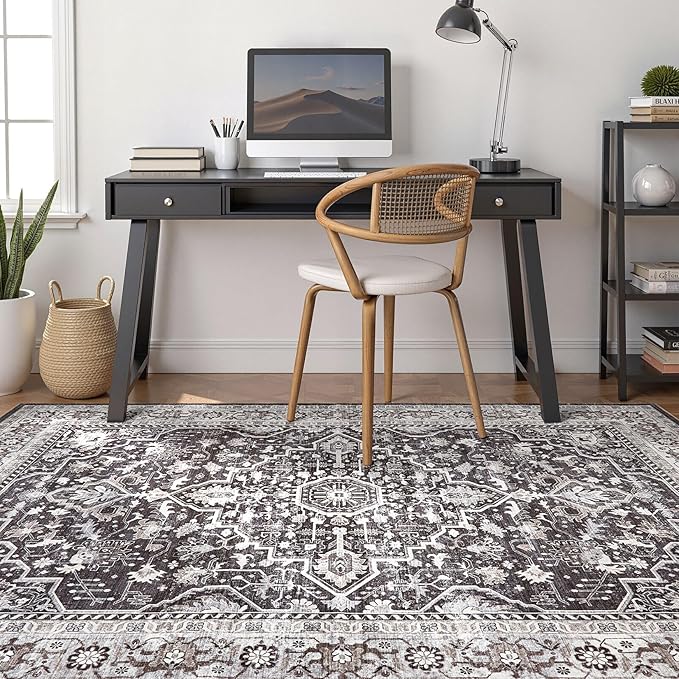 Black Rug Living Room Rugs: 7x10 Washable Boho Large Vintage Moody Soft Stain Resistant Oriental Farmhouse Non-Slip Indoor Floor Carpet for Bedroom Playroom Office Dining Room Retro Home Decor