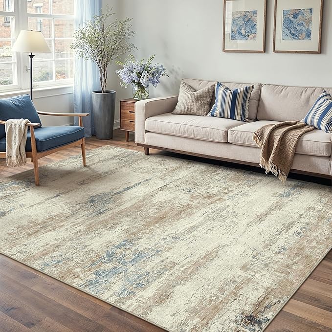 4x6 Area Rug Washable Beige Brown Abstract Office Carpet Modern Neutral Non Slip Soft Low Pile Indoor Entry Contemporary Aesthetic Door Mat Bedroom Throw Rug for Kitchen Laundry Dining Room