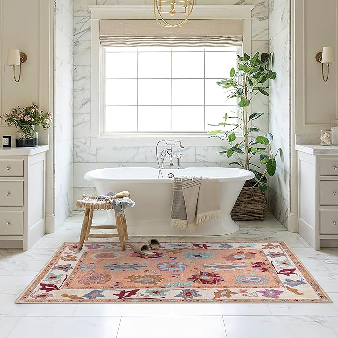 Fame Living Orange Oushak Rug, Modern, Vintage, Turkish, Eclectic, Floral, Pastel, Washable, Oversized, Extra Large Area Rugs for Living Room, Dining, Bedroom, Lounge 9'5"x14'