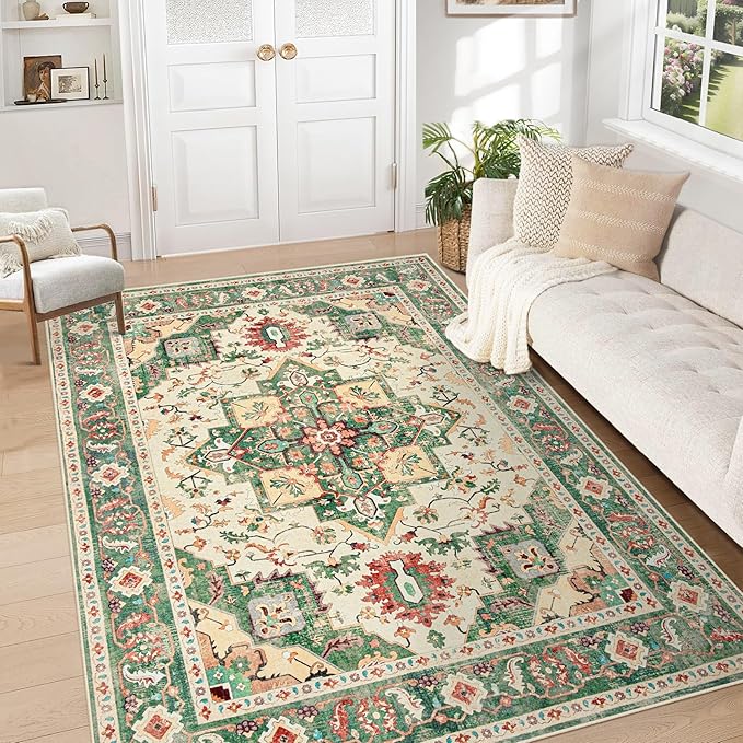 Area Rug 5x7 Washable Rug, Vintage Boho Medallion Rugs Non-Slip Soft Low Pile Large Distressed Rug Indoor Retro Carpet for Living Room Bedroom Dining Room Home Office (Green Beige, 5'x7')