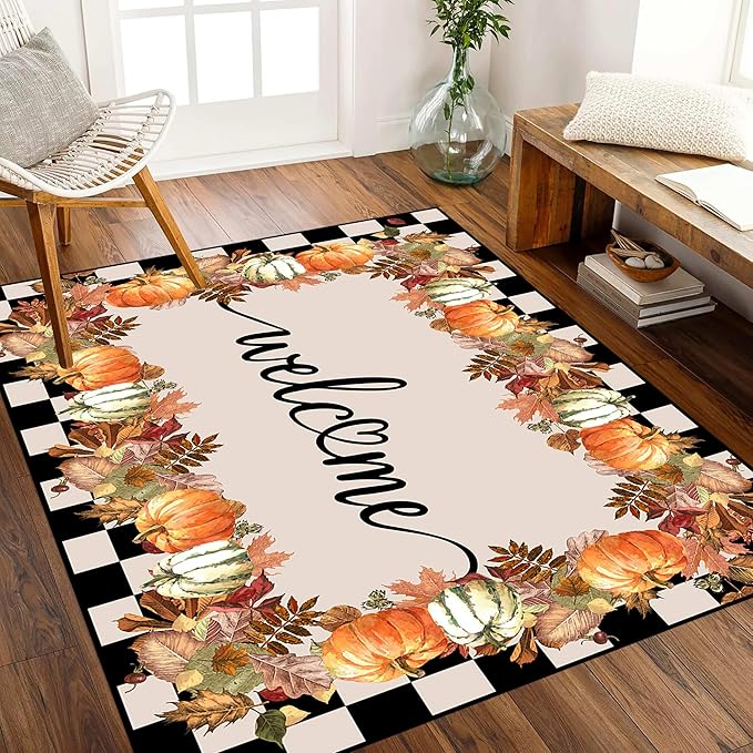 Checkered Area Rugs, 5x6ft, Black and White Check with Fall Leaves Pumpkin Autumn Harvest Carpet, Entrance Rubber Non Slip Breathable Fall Rug for Dining Room Laundry