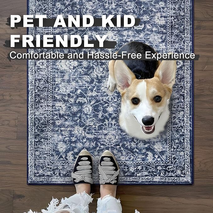 KILOCOCO Runner for Hallway 3x14 Runner Rug Printed Vintage Floral Washable Rug Kitchen Runners Soft Non-Slip Low Pile Hallway Runners Laundry Room Distressed Boho Rugs, Blue
