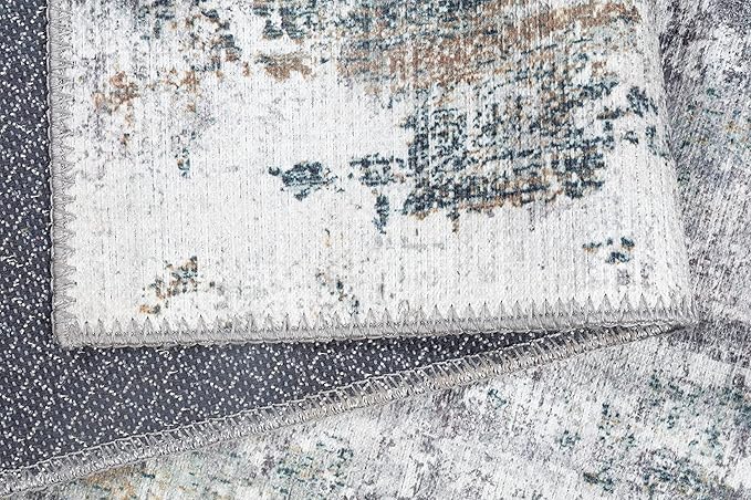 GLN Rugs Contemporary Collection - Machine Washable Area Rug, Contemporary Washable, Non Slip, Low Pile Chenille Rug, Living Room, Bedroom, Kitchen Rug (5' x 7' Grey/Green)