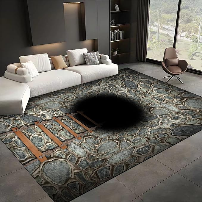 3D Deep Abyss Canyon Indoor Rug, 3x5ft, Stone Built Cave Wooden Ladder Carpet for Entryway, Durable Non-Shedding Pet Friendly Mats, Floor Decor Low Pile Easy Clean Rugs for Family