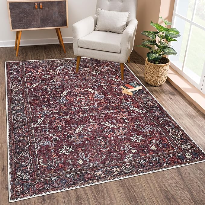 Bloom Rugs Washable Non-Slip 10x14 Rug - Burgundy Traditional Bordered Area Rug for Living Room, Bedroom, Dining Room, and Kitchen - Exact Size: 10' x 14'