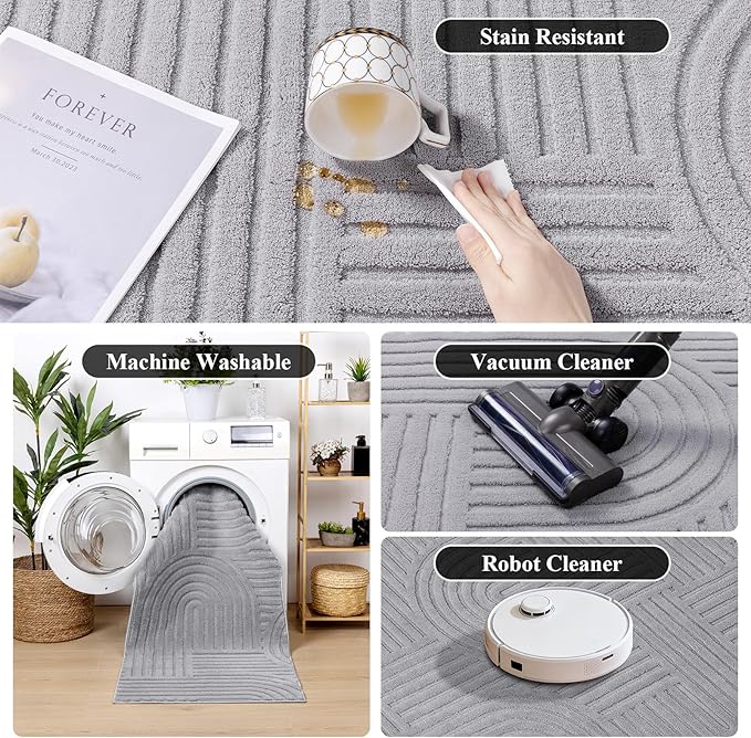 SHACOS Soft Cozy Fluffy Arch Pattern High Low Pile Runner Rugs 2'x6' Non Slip Washable Rug Runners Modern Geometric Arc Carpet for Bedroom Bathroom Hallway, Light Grey