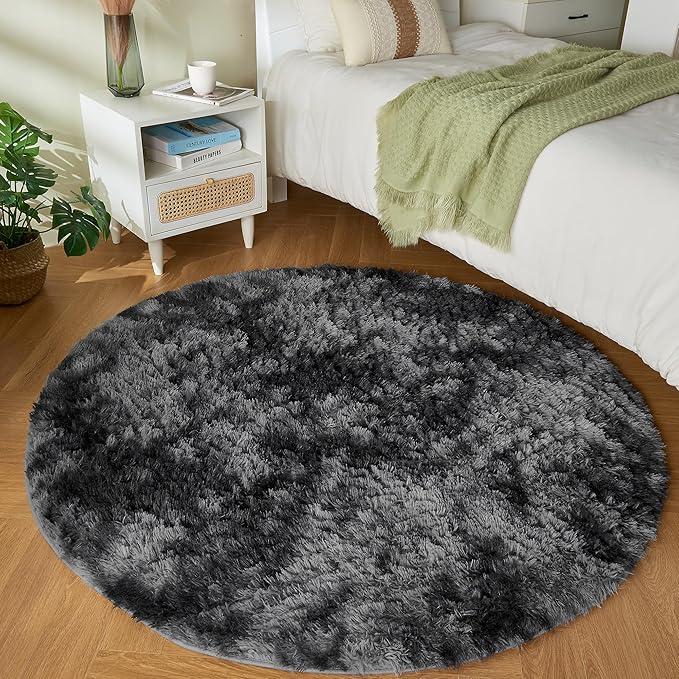 Andency Tie-Dyed Dark Grey Round Area Rug for Living Room, 6x6 Shag Rug for Bedroom, Fluffy Circle Carpet for Home Decor, Room, Fuzzy Plush Circular Rug for Dorm Playroom