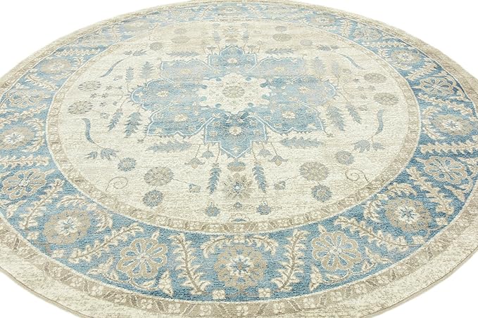 Unique Loom Salzburg Collection Classic Traditional Design Oriental Inspired Border Area Rug (8' 0 x 8' 0 Round, Beige/Blue)