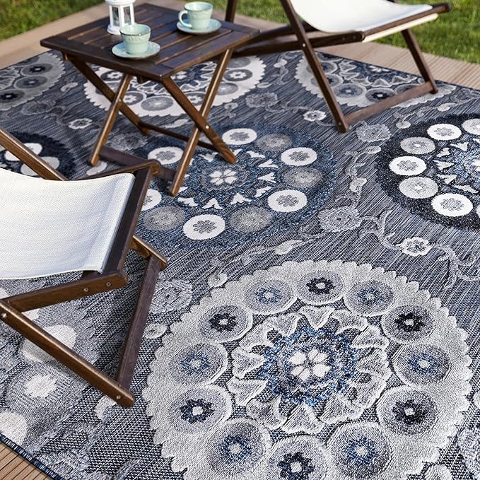 CAMILSON Indoor Outdoor Rug 9x12 Bohemian Medallion Floral Area Rugs for Indoor and Outdoor Patios Easy-Cleaning Non-Shedding Living Room Garden and Kitchen Washable Outside Carpet (9 x 12 / Navy)