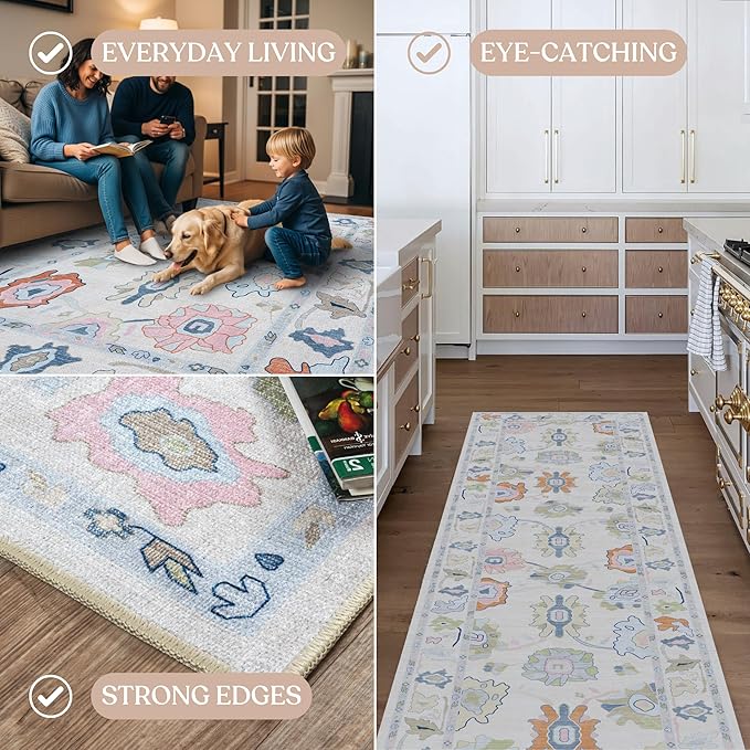 Fame Living Cream Oushak Rug, Modern, Vintage, Turkish, Eclectic, Floral, Pastel, Washable, Area Rugs for Living Room, Dining, Bedroom, Nursery, Girls, Boys, 5'9"x8'9"