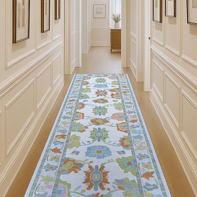 Fame Living Colorful Oushak Runner Rug, Modern Runners, Turkish, Eclectic, Floral, Pastel, Washable, Small Throw Rugs, Short Runner for Hallway, Entryway, Laundry, Foyer, Kitchen, Bathroom, 2'5"x6'5"