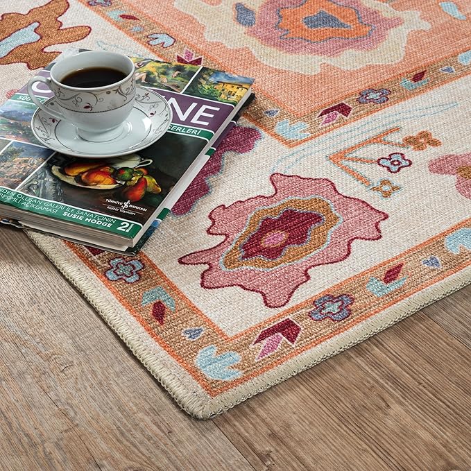 Fame Living Orange Green Oushak Rug, Modern, Vintage, Turkish, Eclectic, Floral, Pastel, Washable, Area Rugs for Living Room, Dining, Bedroom, Office, Entryway, Foyer, Playroom, Nursery, 5'x6'9"