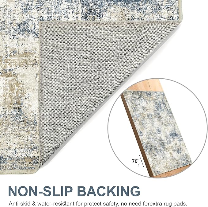 Bavni 8x10 Area Rugs Machine Washable Rug for Living Room, Modern Printed Rug Indoor Soft Area Rug for Bedroom Dining Room, Ultra-Thin Low Pile Carpet with Non Slip Rubber Backing, Gray Beige Blue