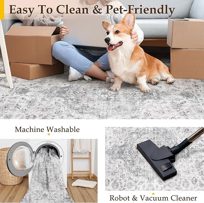 HUGEAR Area Rug 6x9 Vintage Grey Machine Washable Living Room Rugs Thin Neutral Floral Vacuumable Low Pile Carpet Bedroom Office Dining Room Laundry Room Non Slip Soft Lightweight