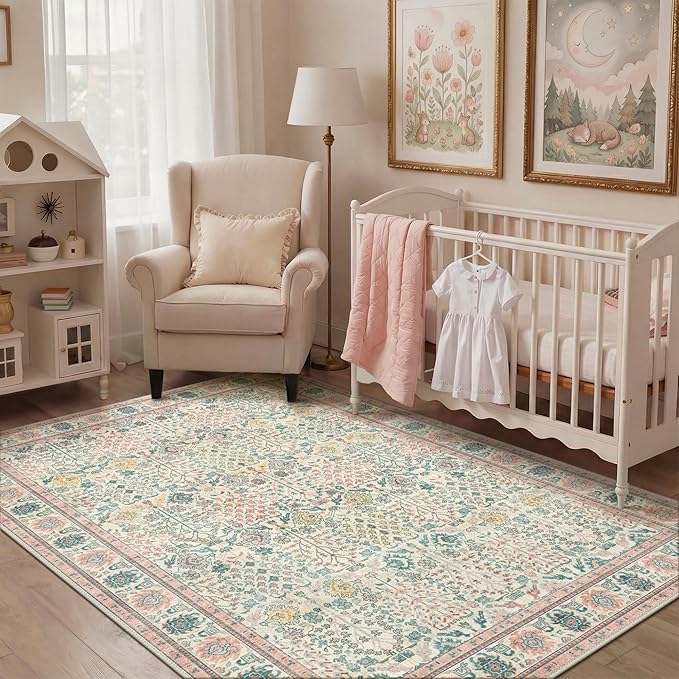 Bavni Area Rugs for Living Room, 5x7 Area Rugs Non-Slip Washable，Ultra-Thin Aesthetic Boho Rug for Bedroom Dinning Room Office, Pink