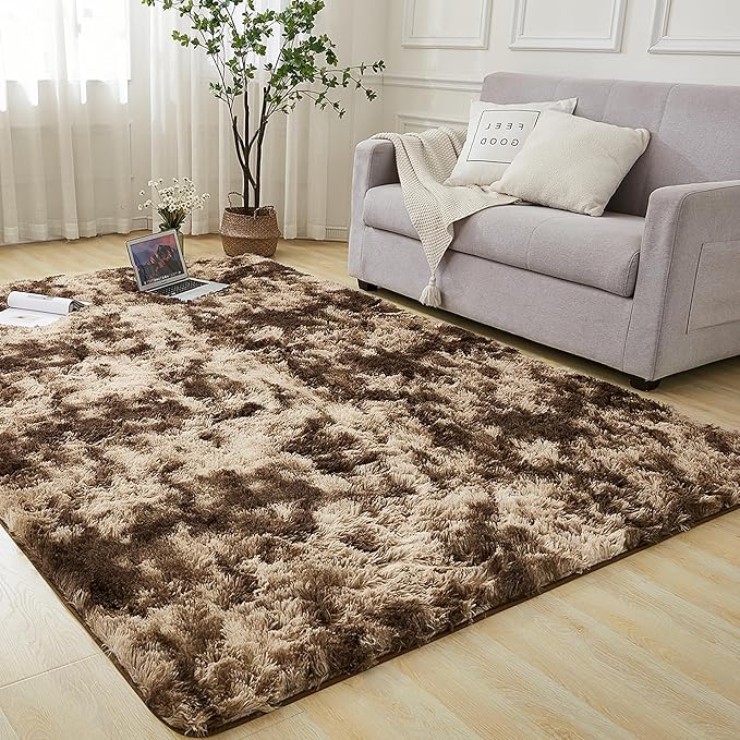 Andency Soft Area Rugs for Living Room Bedroom, 4x6 Fluffy Shaggy Bedside Rug, Non-Slip Large Shag Fuzzy Plush Carpets for Bedroom Kids Dorm Nursery Home Decor Aesthetic, Tie-Dyed Brown
