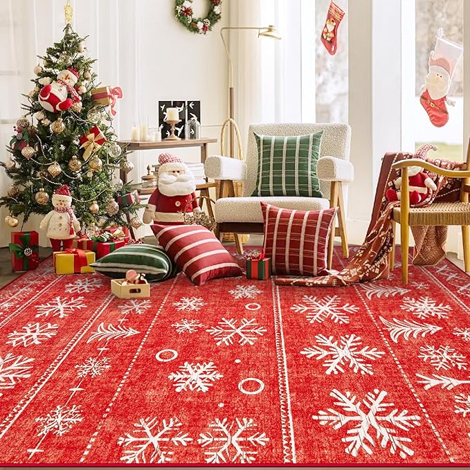 Christmas Area Rug 6x9 Living Room Rugs, Machine Washable Boho Christmas Tree Snowflake Rug Non-Slip Soft Low Pile Holiday Indoor Rugs for Bedroom Kitchen Dining Room Office(Xmas Red, 6'x9')