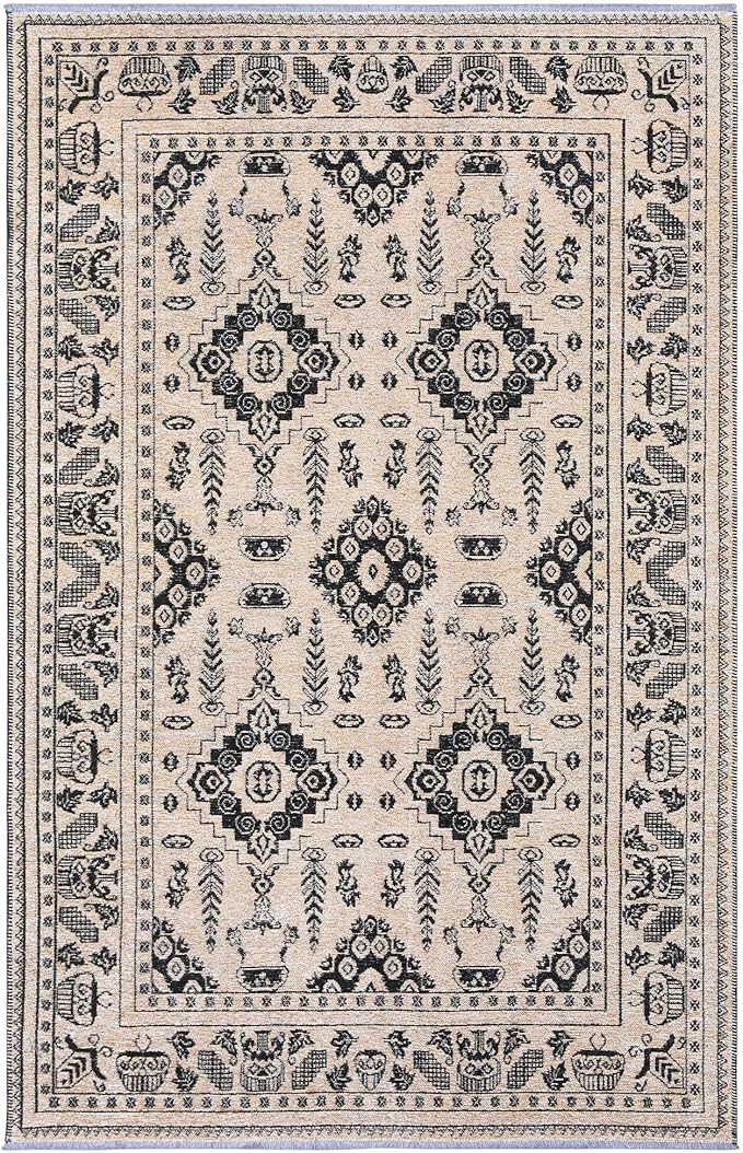 Alfa Rich 3x5 Beige Black Washable Area Rugs for Living Room Bedroom Kitchen Dining Cotton Runner
