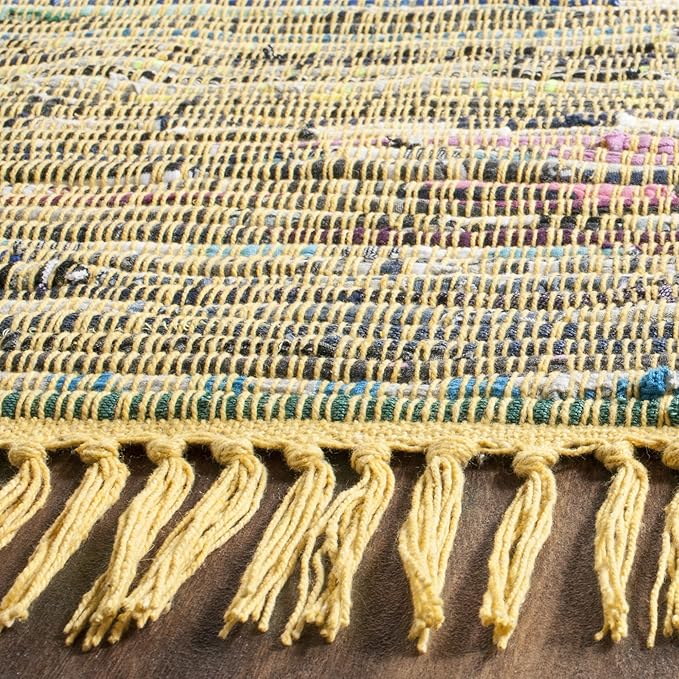 SAFAVIEH Rag Rug Collection Area Rug - 6' Square, Yellow & Multi, Handmade Boho Stripe Cotton, Ideal for High Traffic Areas in Living Room, Bedroom (RAR121H)