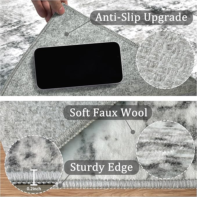 5x7 Machine Washable Area Rug for Living Room, Grey Modern Vintage Abstract Rug Large Non-Slip Low Pile Soft Faux Wool Carpet, Kids and Pets Friendly for Bedroom Dining Room Farmhouse Home Decor Rug