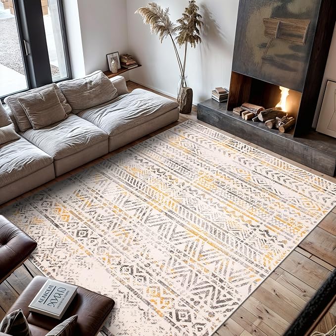Rugshop Geometric Boho Perfect for high Traffic Areas of Your Living Room,Bedroom,Home Office,Kitchen Area Rug 7'10" x 10' Yellow