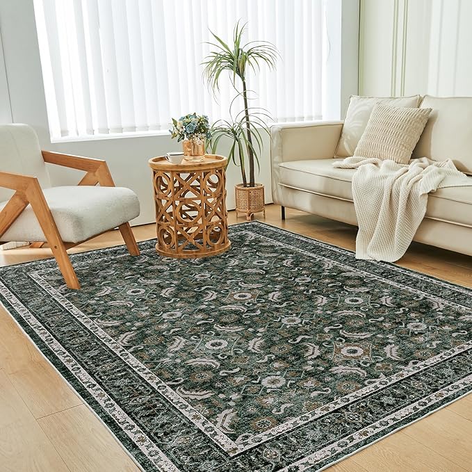 WITSHOCK Living Room Area Rugs 5x8: Soft Non-Slip Backing Washable Rugs Vintage Large Carpet for Bedroom Office Dining Room Kitchen Stain Resistant Home Decor Rug, Dark Green