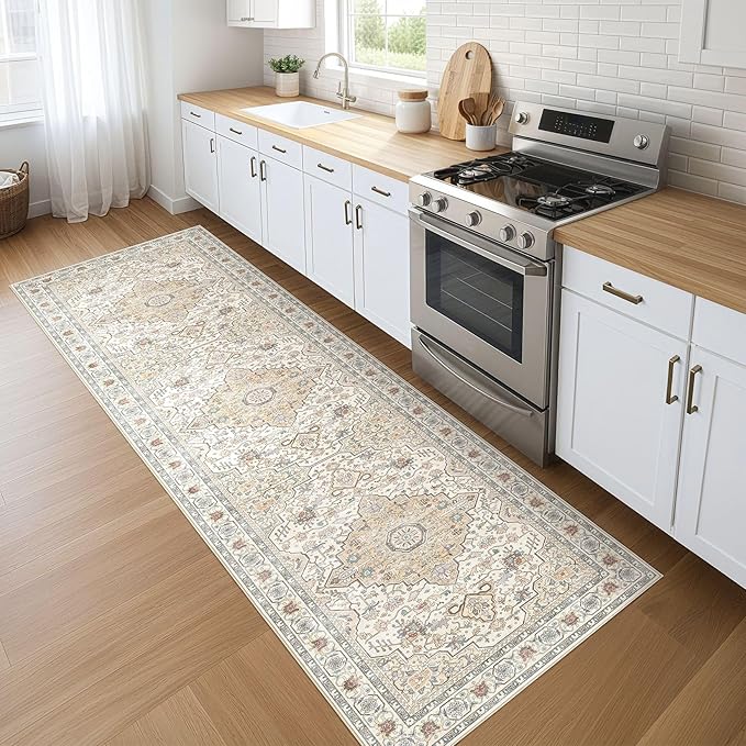 Runner Rug Kitchen Washable Rugs: 3x8 Non-Slip Boho Soft Vintage Stain Resistant Indoor Floor Neutral Farmhouse Throw Carpet for Hallway Bathroom Laundry Room Entryway Bedroom- Cream