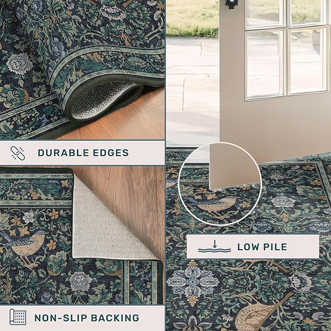 Vintage 4x6 Washable Entryway Rug, Blue & Green Floral Bird Woodland Rug, Non-Slip Low Pile Stain Resistant Carpet for Kitchen, Bedroom, Small Living Room